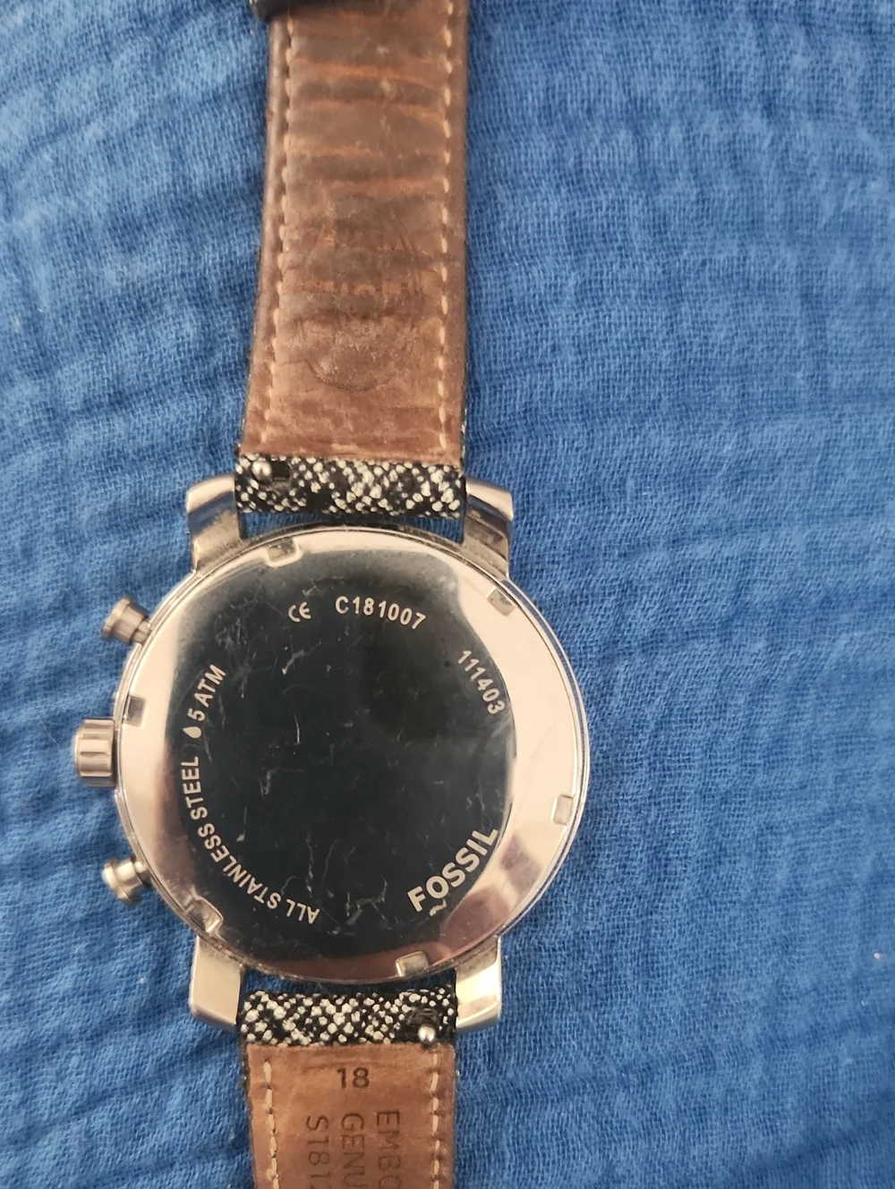 Fossil Silver Chronograph Watch with Black & White Patterned Strap